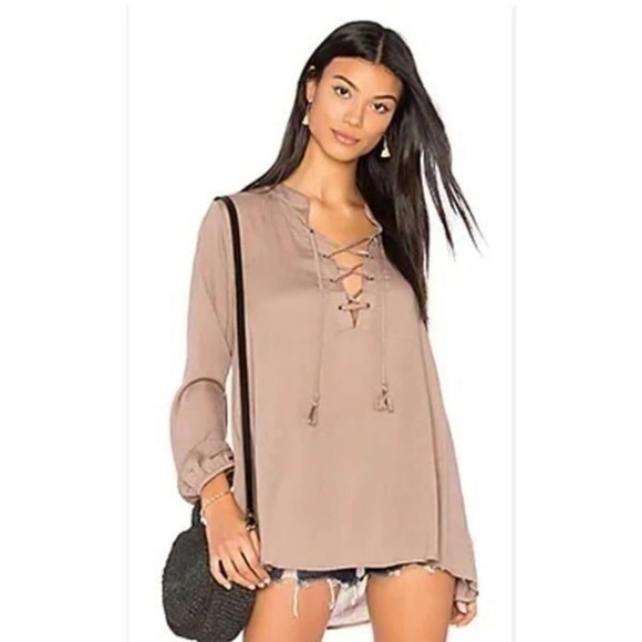 Show Me Your MuMu Tops - Show Me Your Mumu Thatcher Tie Top Tunic Brown Lace-Up Boho Hippie X-Small